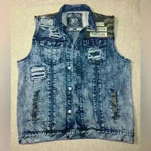 S2 Other - S2 Men’s Blue Distressed Denim Camouflage Vest B0058
